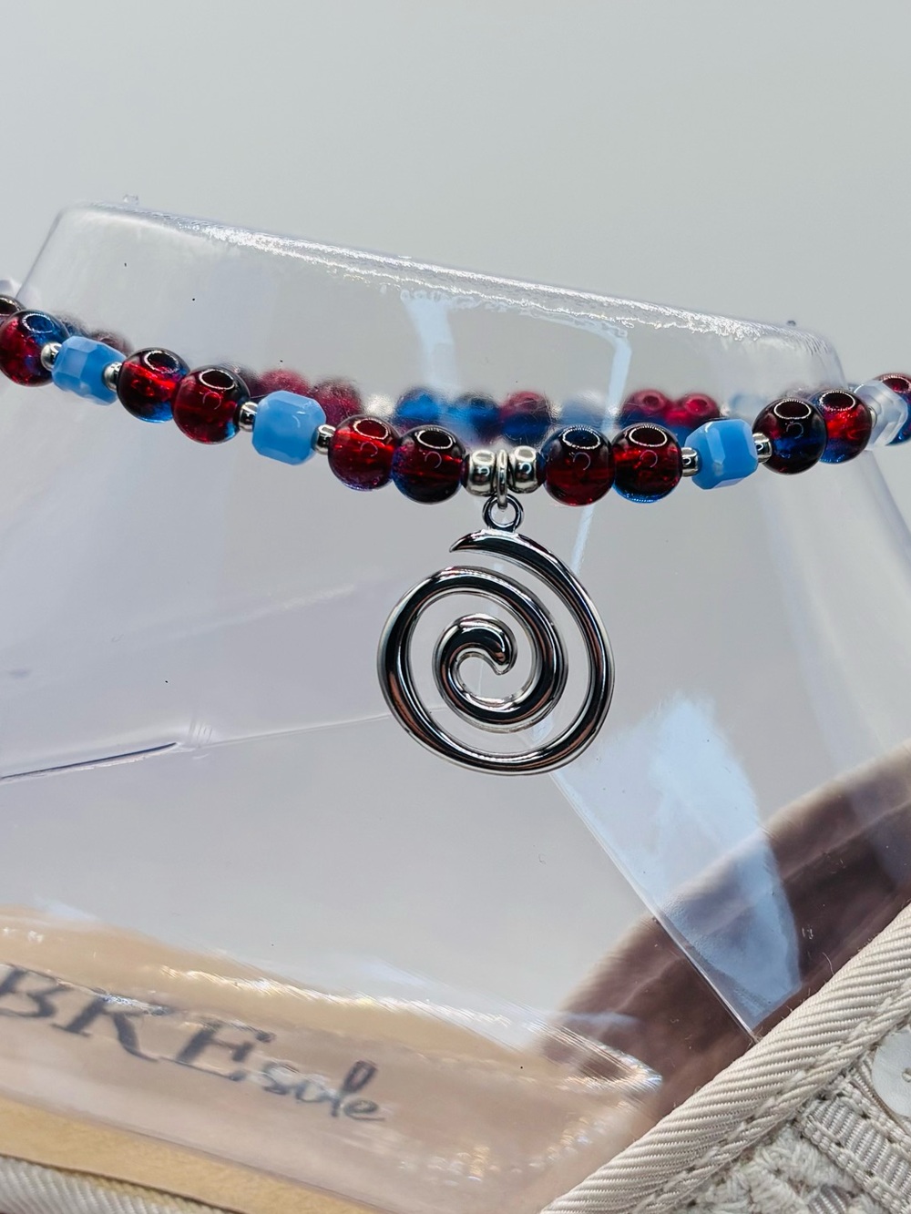 *ANKLET* S.Steel Swirl & Crackle Glass Jade Stretchy Anklet - Picture 4 of 6